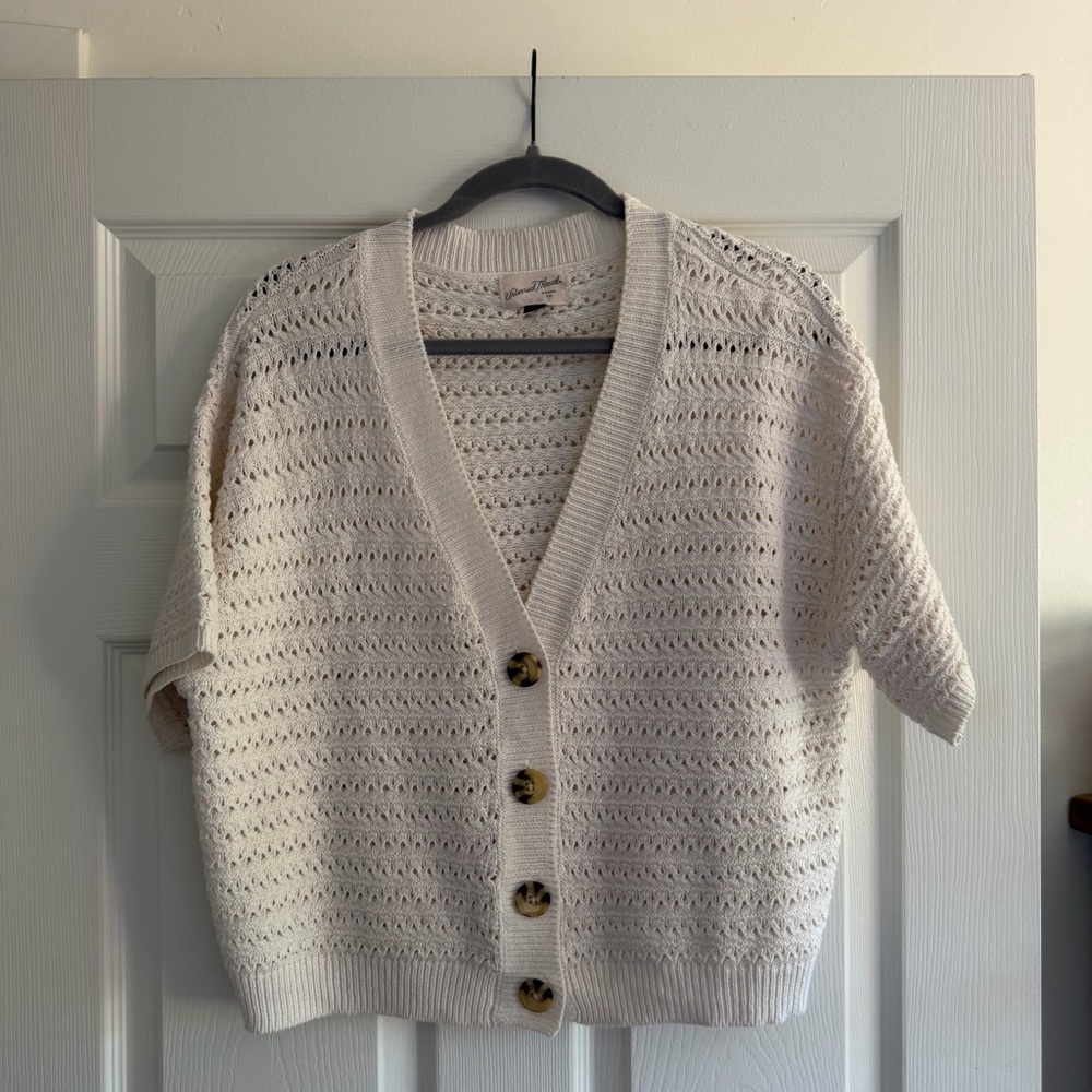 Universal Thread Cream Open-Knit Short Sleeve Button Cardigan
